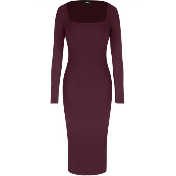 CIDER Solid Square Neck Long Sleeve‎ Ribbed Midi Dress in Wine Size XL - Picture 1 of 10